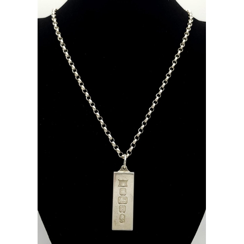 478 - A Solid Silver 925 Belcher Chain Necklace with an Ingot Pendant, 23 grams, 46.5cm.  In very good con... 