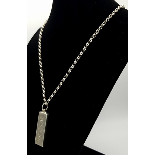 478 - A Solid Silver 925 Belcher Chain Necklace with an Ingot Pendant, 23 grams, 46.5cm.  In very good con... 