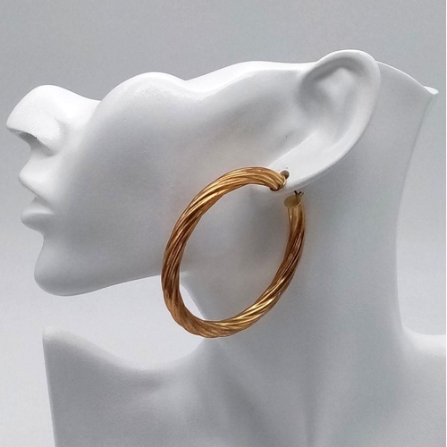 50 - A Pair of Very Large 9K Gold Creole Hoop Earrings. 6cm diameter. 8.64g total weight.