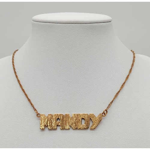 64 - A 9K Gold Necklace with Hanging Name Pendant. If your name is Mandy, it's your lucky day. 54cm neckl... 