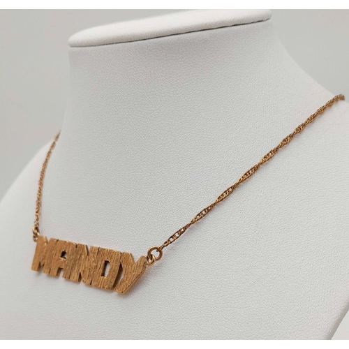 64 - A 9K Gold Necklace with Hanging Name Pendant. If your name is Mandy, it's your lucky day. 54cm neckl... 