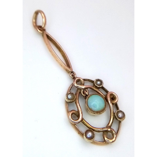 763 - An Antique 9K Yellow Gold Opal and Seed Pearl Pendant. 4cm. 1.55g total weight.