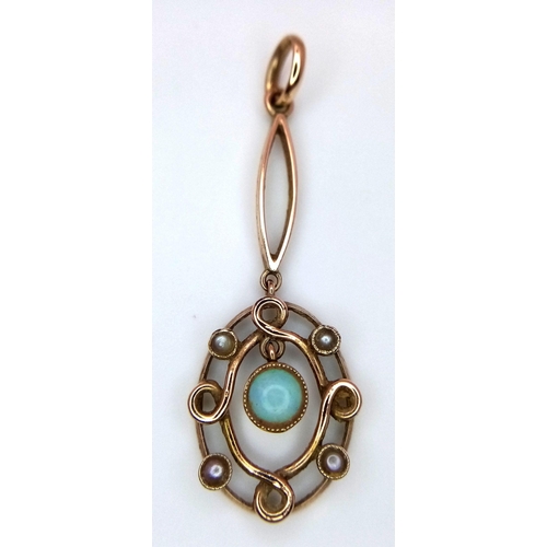 763 - An Antique 9K Yellow Gold Opal and Seed Pearl Pendant. 4cm. 1.55g total weight.