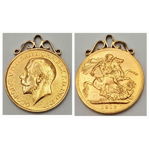 92 - A 1912 George V Full 22K Gold Sovereign - on a 9k gold Pendant setting. 8.3g weight.