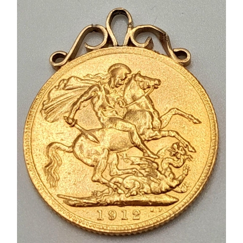 92 - A 1912 George V Full 22K Gold Sovereign - on a 9k gold Pendant setting. 8.3g weight.