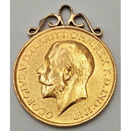 92 - A 1912 George V Full 22K Gold Sovereign - on a 9k gold Pendant setting. 8.3g weight.