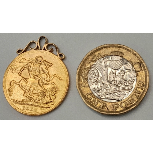 92 - A 1912 George V Full 22K Gold Sovereign - on a 9k gold Pendant setting. 8.3g weight.