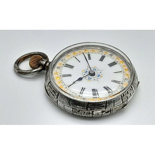 1330 - A Miniature Antique Silver Pocket Watch. Case silver mark of 965. White ornate gilded dial. 38mm dia... 