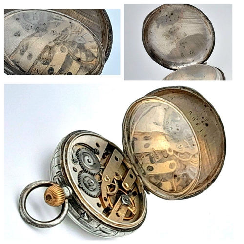 1330 - A Miniature Antique Silver Pocket Watch. Case silver mark of 965. White ornate gilded dial. 38mm dia... 