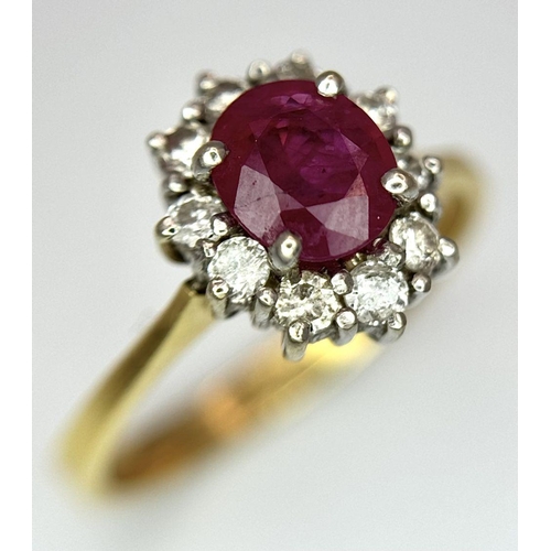 159 - AN 18K YELLOW GOLD DIAMOND & RUBY CLUSTER RING. 3.3G IN WEIGHT. SIZE N. Ref: SC 6092