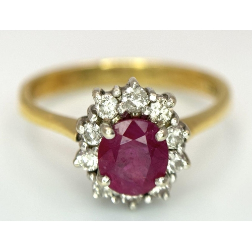 159 - AN 18K YELLOW GOLD DIAMOND & RUBY CLUSTER RING. 3.3G IN WEIGHT. SIZE N. Ref: SC 6092