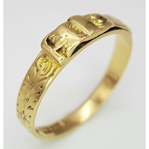 243 - AN 18K YELLOW GOLD ANTIQUE BUCKLE RING. 1.9G IN WEIGHT. SIZE L. HALLMARKED LONDON 1862. Ref: SC 6105