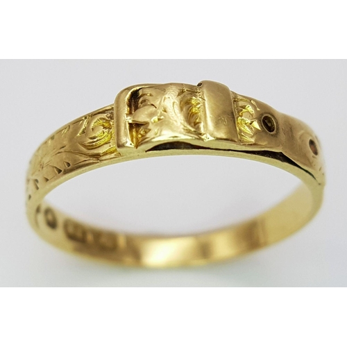 243 - AN 18K YELLOW GOLD ANTIQUE BUCKLE RING. 1.9G IN WEIGHT. SIZE L. HALLMARKED LONDON 1862. Ref: SC 6105