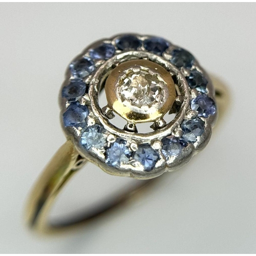 257 - AN 18K YELLOW GOLD ( TESTED ) DIMAOND & SAPPHIRE RING. 2.5G IN WEIGHT. SIZE J AND 1/2. Ref: 8838