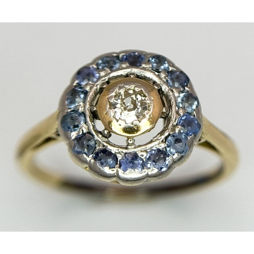 257 - AN 18K YELLOW GOLD ( TESTED ) DIMAOND & SAPPHIRE RING. 2.5G IN WEIGHT. SIZE J AND 1/2. Ref: 8838