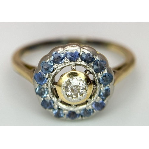 257 - AN 18K YELLOW GOLD ( TESTED ) DIMAOND & SAPPHIRE RING. 2.5G IN WEIGHT. SIZE J AND 1/2. Ref: 8838