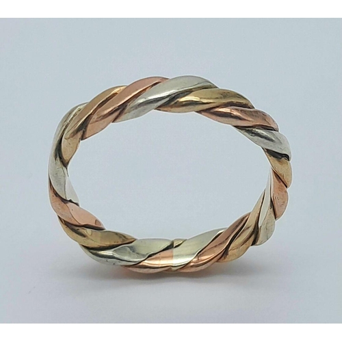 487 - A 9K THREE COLOUR PLAITED BAND RING 3.2G SIZE M. Ref: SC 6010