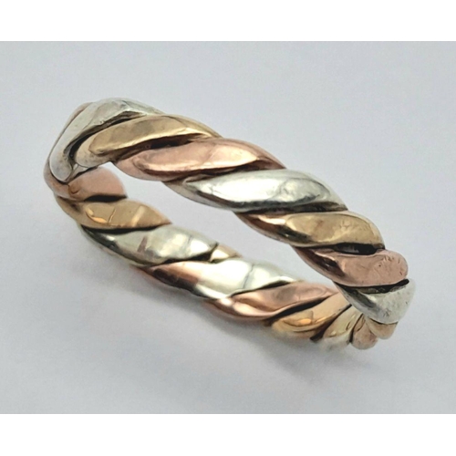 487 - A 9K THREE COLOUR PLAITED BAND RING 3.2G SIZE M. Ref: SC 6010