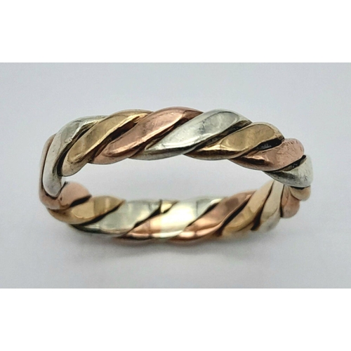 487 - A 9K THREE COLOUR PLAITED BAND RING 3.2G SIZE M. Ref: SC 6010