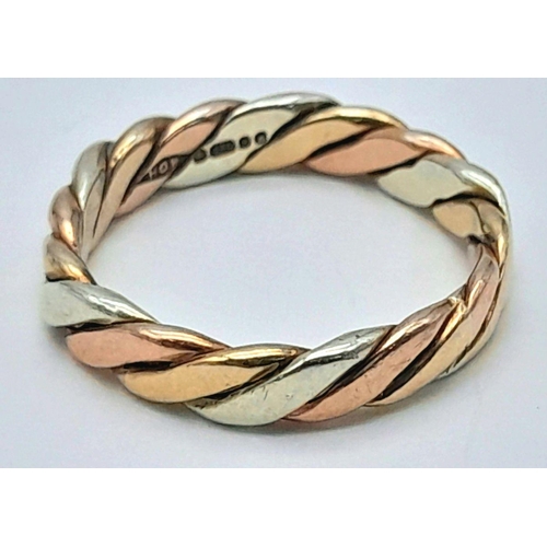 487 - A 9K THREE COLOUR PLAITED BAND RING 3.2G SIZE M. Ref: SC 6010