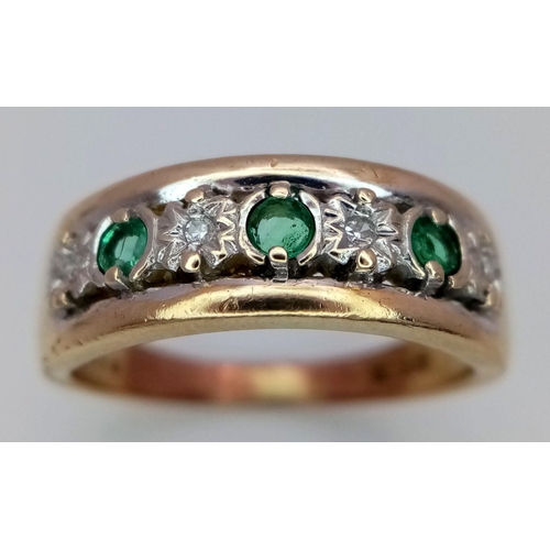 593 - A 9K YELLOW GOLD DIAMOND & EMERALD BAND RING. 2.9G IN WEIGHT. SIZE N. Ref: SC 6058