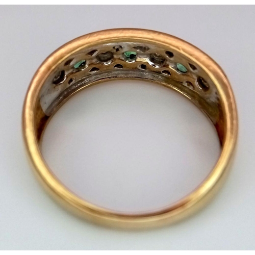 593 - A 9K YELLOW GOLD DIAMOND & EMERALD BAND RING. 2.9G IN WEIGHT. SIZE N. Ref: SC 6058