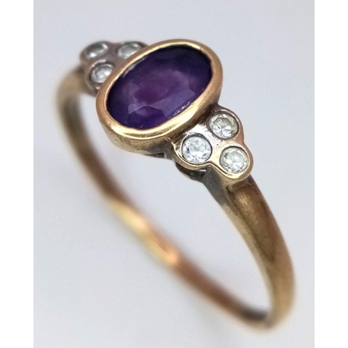 635 - A 9K YELLOW GOLD DIAMOND & AMETHYST RING. 1.6G IN WEIGHT. SIZE P. Ref: SC 6036