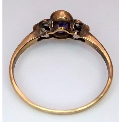 635 - A 9K YELLOW GOLD DIAMOND & AMETHYST RING. 1.6G IN WEIGHT. SIZE P. Ref: SC 6036