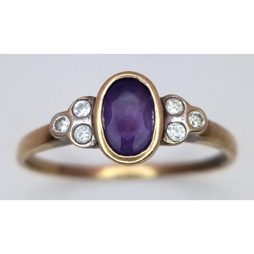 635 - A 9K YELLOW GOLD DIAMOND & AMETHYST RING. 1.6G IN WEIGHT. SIZE P. Ref: SC 6036