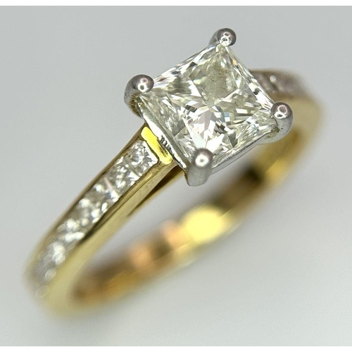 1134 - A 18K Yellow Gold Princess Cut Diamond Ring with Diamond Set Shoulders & E.D.R Certification, 1.01ct... 