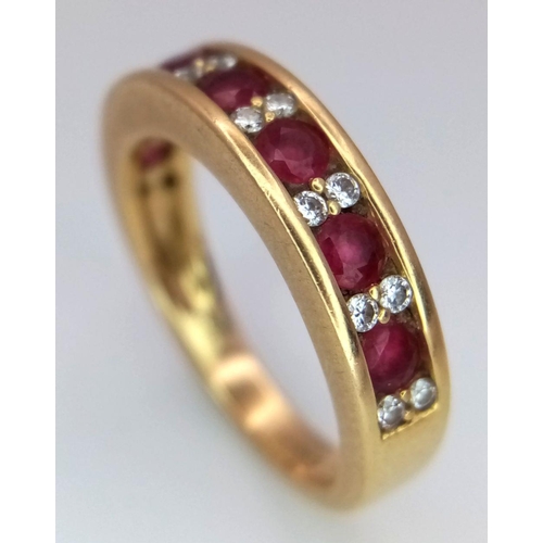 103 - A 18K YELLOW GOLD DIAMOND & RUBY BAND RING 4.3G SIZE J. Ref: SC 6085