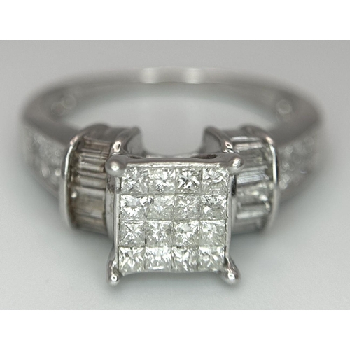 131 - A 14K WHITE GOLD DIAMOND RING, BAGUETTE AND SQUARE CUT DIAMOND. 1.10CT 4G SIZE L. Ref: SC 6062