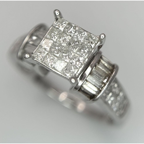 131 - A 14K WHITE GOLD DIAMOND RING, BAGUETTE AND SQUARE CUT DIAMOND. 1.10CT 4G SIZE L. Ref: SC 6062