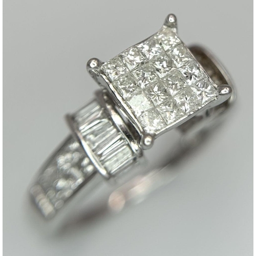 131 - A 14K WHITE GOLD DIAMOND RING, BAGUETTE AND SQUARE CUT DIAMOND. 1.10CT 4G SIZE L. Ref: SC 6062