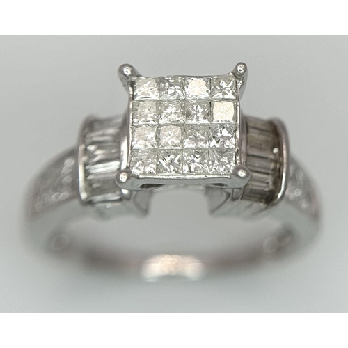 131 - A 14K WHITE GOLD DIAMOND RING, BAGUETTE AND SQUARE CUT DIAMOND. 1.10CT 4G SIZE L. Ref: SC 6062