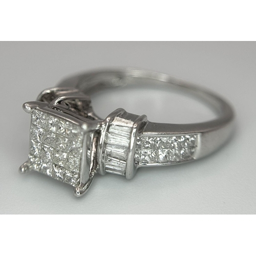 131 - A 14K WHITE GOLD DIAMOND RING, BAGUETTE AND SQUARE CUT DIAMOND. 1.10CT 4G SIZE L. Ref: SC 6062