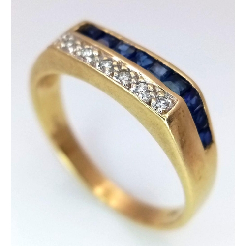 152 - AN 18K YELLOW GOLD 2 ROW DIAMOND & SAPPHIRE RING. 3.3G IN WEIGHT. SIZE P. Ref: SC 6090