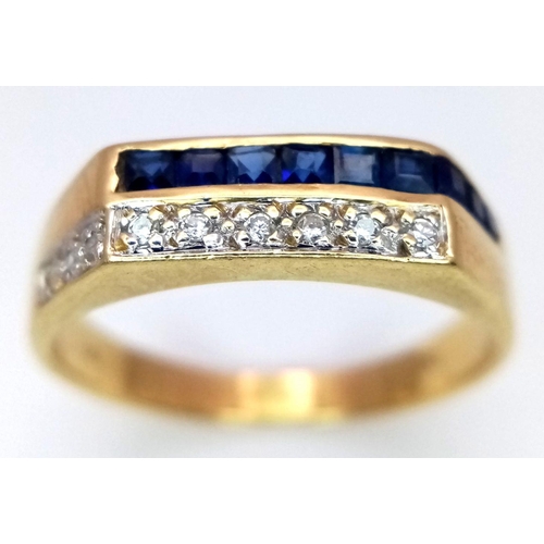 152 - AN 18K YELLOW GOLD 2 ROW DIAMOND & SAPPHIRE RING. 3.3G IN WEIGHT. SIZE P. Ref: SC 6090