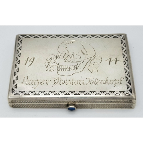 181 - A WW2 Austrian Hallmarked Silver Cigarette Case. Hand Engraved “1944 Panzer Division Totenkopf”