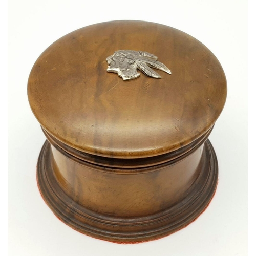 272 - A WW1 Wooden Tobacco Box with silver Indian Head badge from the 93rd US Aero Sqn.