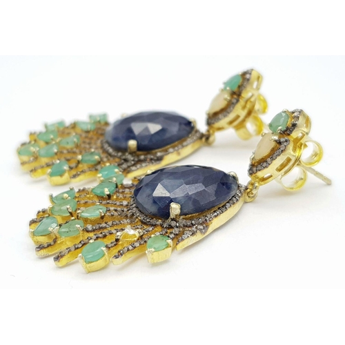 359 - A pair 925 silver Blue Sapphire and Emerald Gemstone Dangler Earrings, featuring approximately 4.5ct... 