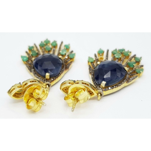 359 - A pair 925 silver Blue Sapphire and Emerald Gemstone Dangler Earrings, featuring approximately 4.5ct... 