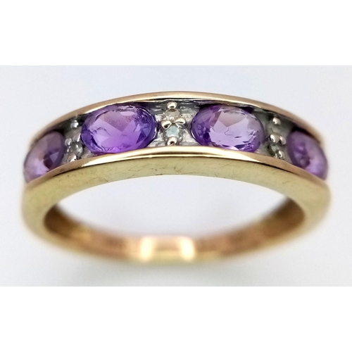 509 - A 9K YELLOW GOLD DIAMOND & AMETHYST BAND RING. 1.7G IN WEIGHT. SIZE L. Ref: 7034