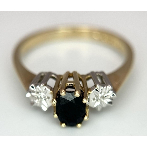 656 - A 9K YELLOW GOLD DIAMOND & SAPPHIRE RING 2.2G SIZE N 1/2. Ref: SC 6003