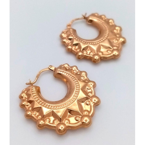 670 - A 9K YELLOW GOLD CREOLE HOOP EARRINGS 2.5G , 2.8CM DROP. Ref: SC 6012