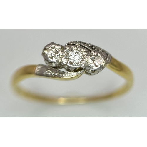 383 - A 18K YELLOW GOLD & PLATINUM VINTAGE DIAMOND 3 STONE RING 2.6G SIZE R. Ref: SC 6078