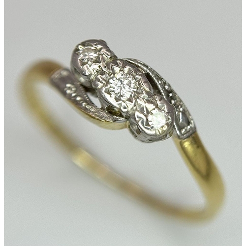 383 - A 18K YELLOW GOLD & PLATINUM VINTAGE DIAMOND 3 STONE RING 2.6G SIZE R. Ref: SC 6078