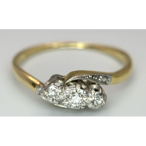 383 - A 18K YELLOW GOLD & PLATINUM VINTAGE DIAMOND 3 STONE RING 2.6G SIZE R. Ref: SC 6078