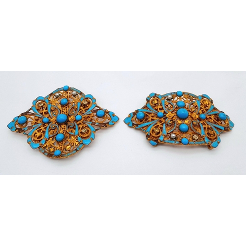 660 - Two Vintage Possibly Antique Gilded Metal Faux Pearl and Turquoise Belt Buckles. Beautiful filigree ... 