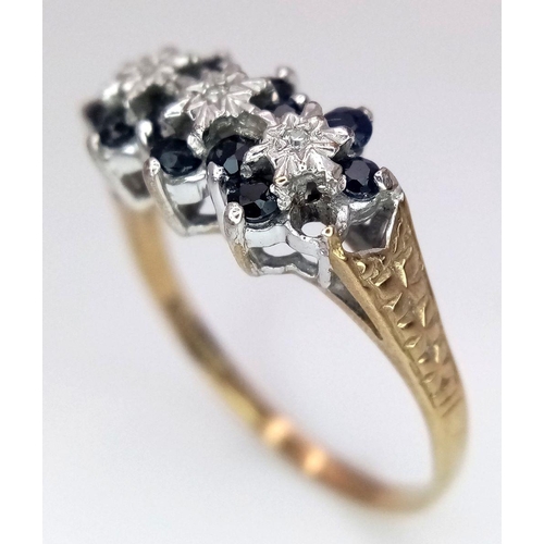 681 - A Vintage 9K Yellow Gold Sapphire and Diamond Ring. Missing one sapphire. Size P. 2.3g total weight.